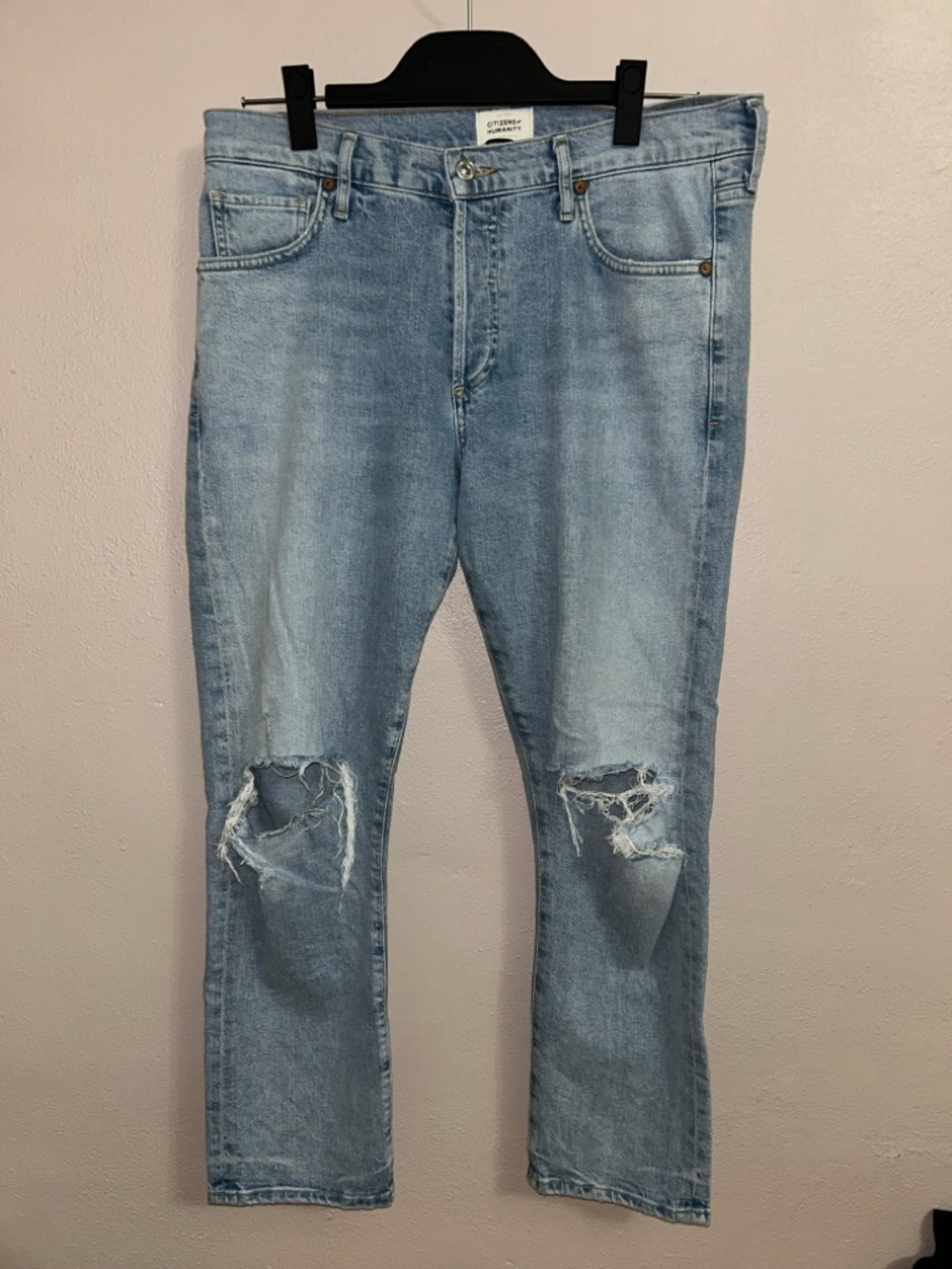 Citizens Of Humanity Light Blue Straight Leg Jeans with Knee Rips - Picture 1 of 5